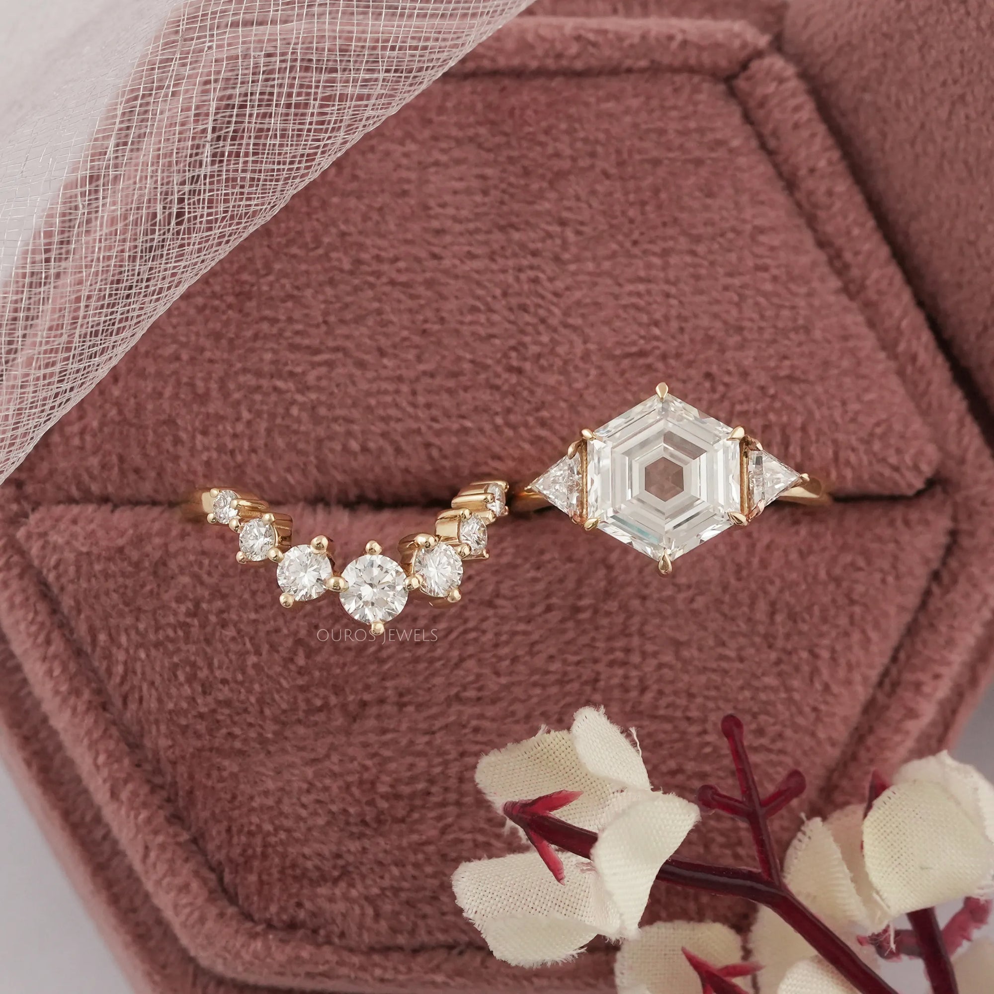 Antique Hexagon Cut Three Stone Curved Bridal Ring Set Rings