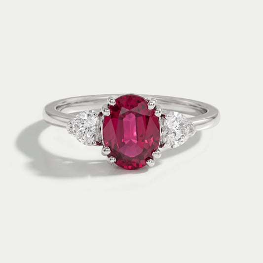 Oval Cut Red Ruby Three Stone Ring Ring