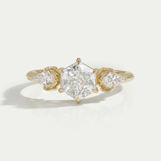 Three Stone Hexagon Cut Diamond Engagement Ring