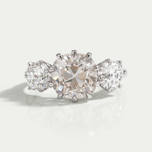 Tri Diamond Old Mine Cushion Cut Engagement Ring