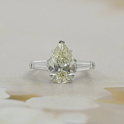 3 Stone Old Mine Pear Diamond Engagement Ring