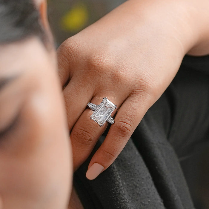 Emerald Three Stone Engagement Ring - Tapered Baguette Rings