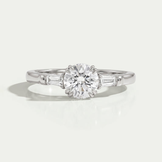 Round and Tapered Baguette Cut Three Stone Engagement Ring Ring