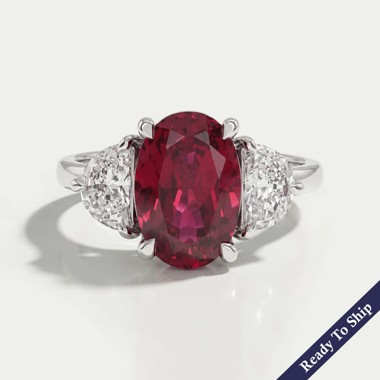 Ruby Oval Gemstone Three Stone Engagement Ring Rings