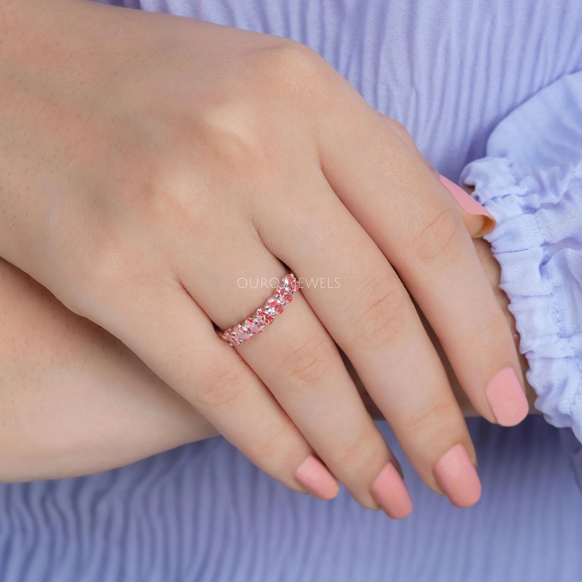 Pink and Blue Oval Seven Diamond Wedding Bands Ring