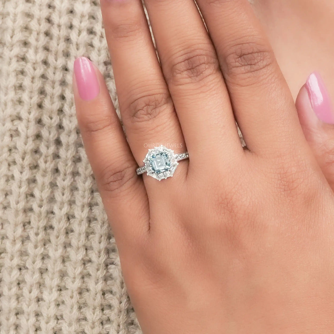 Fancy Blue Asscher Cut Halo With Accent Lab Diamond Ring Rings