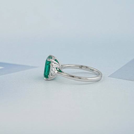 Green Emerald With Antique Diamond Three Stone Ring Ring