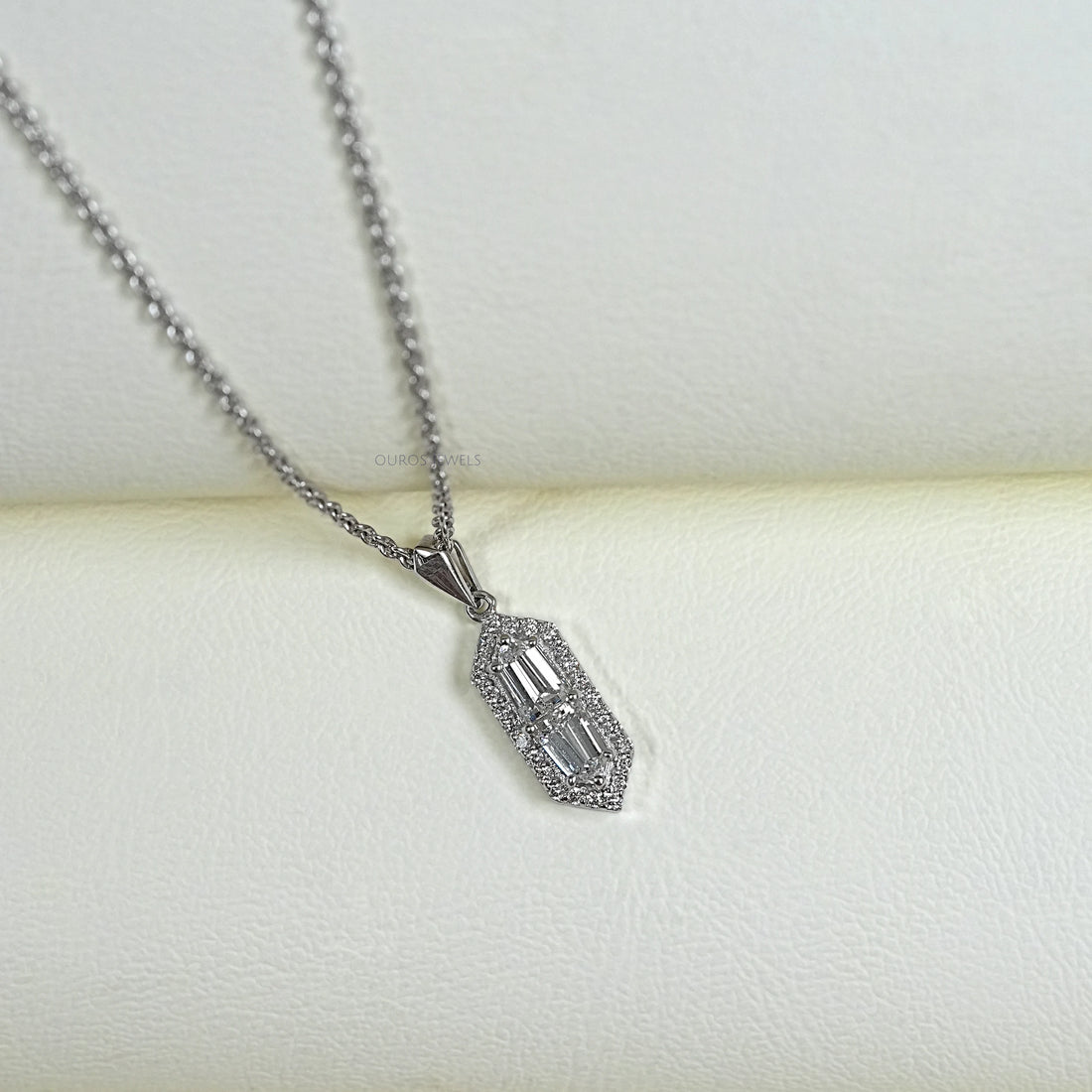 Step Cut Arrow Diamond Halo Pendant Necklaces