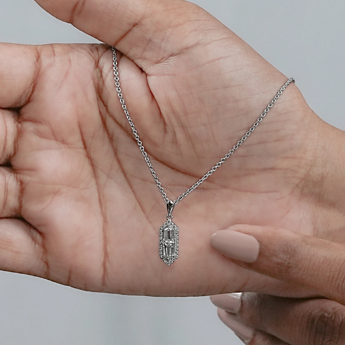 Step Cut Arrow Diamond Halo Pendant Necklaces