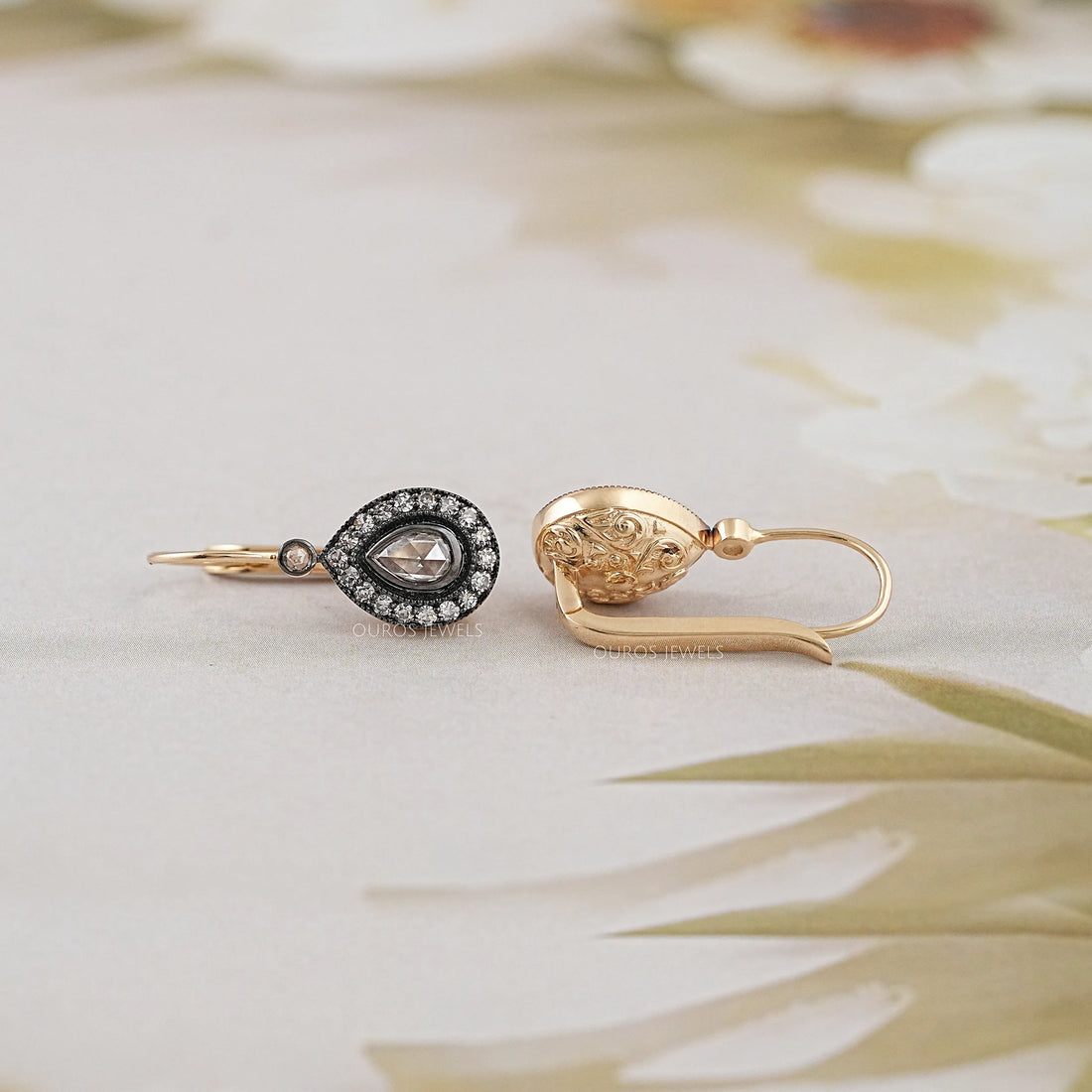 Rose Cut Pear Halo Diamond Dangle Earrings