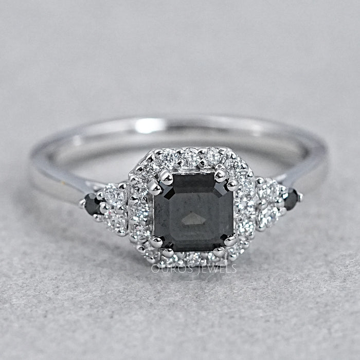 Asscher Cut Black Diamond Halo Ring Ring