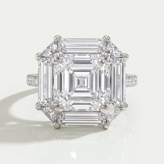 Asscher Cut Baguette Halo Accent Diamond Engagement Ring