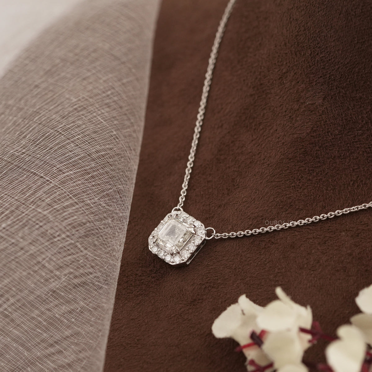 Asscher Cut Lab Diamond Halo Pendant Necklaces