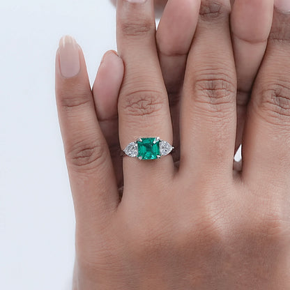 Green Asscher Gemstone Three Stone Engagement Ring Rings
