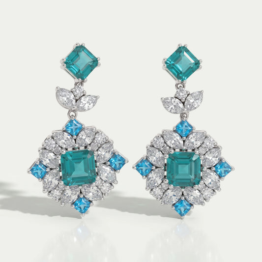 Asscher Paraiba Lab Gemstone Diamond Cluster Drop Earrings