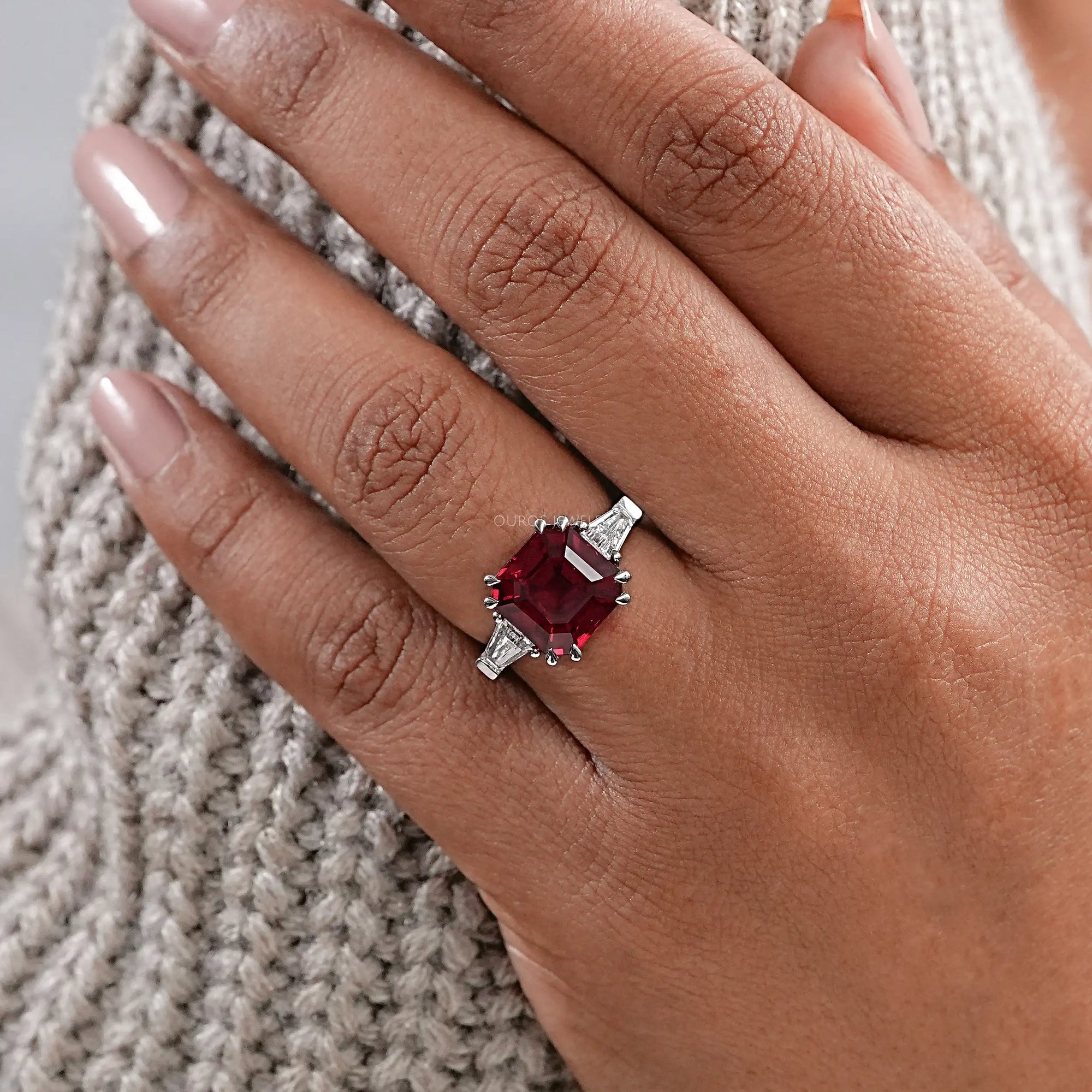 Three Stone Ruby Asscher Gemstone Engagement Ring