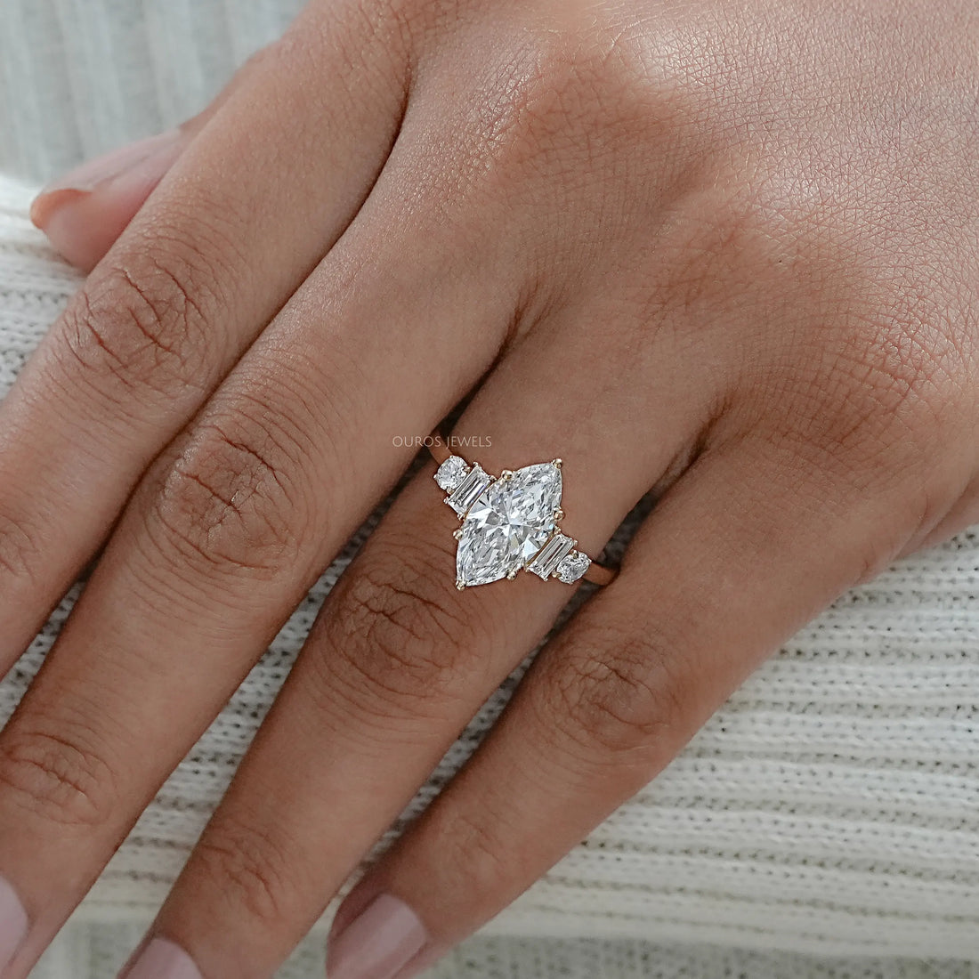 Five Stone Marquise And Baguette Diamond Engagement Ring Rings