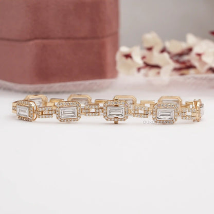Baguette Cut Lab Grown Diamond Halo Tennis Bracelet Bracelet