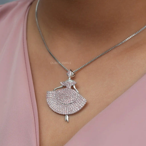 Fancy Pink Round Cut Crystals Barbie Doll Pendant Necklaces