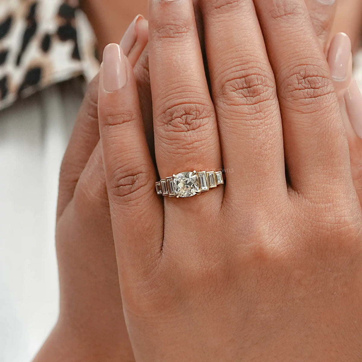 Old Mine Cushion Diamond And Accent Baguette Ring