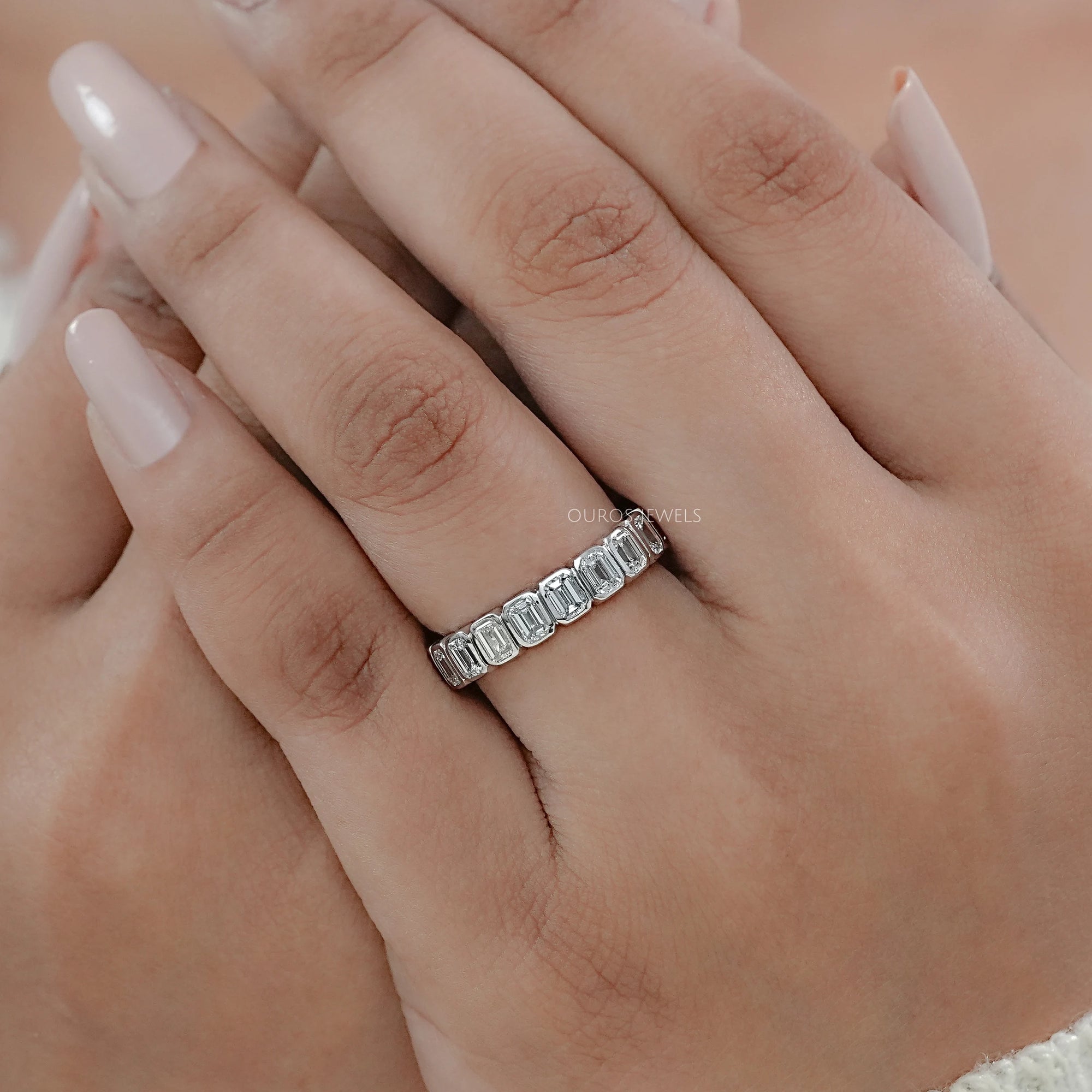 Bezel Set Emerald Cut Full Eternity Wedding Band