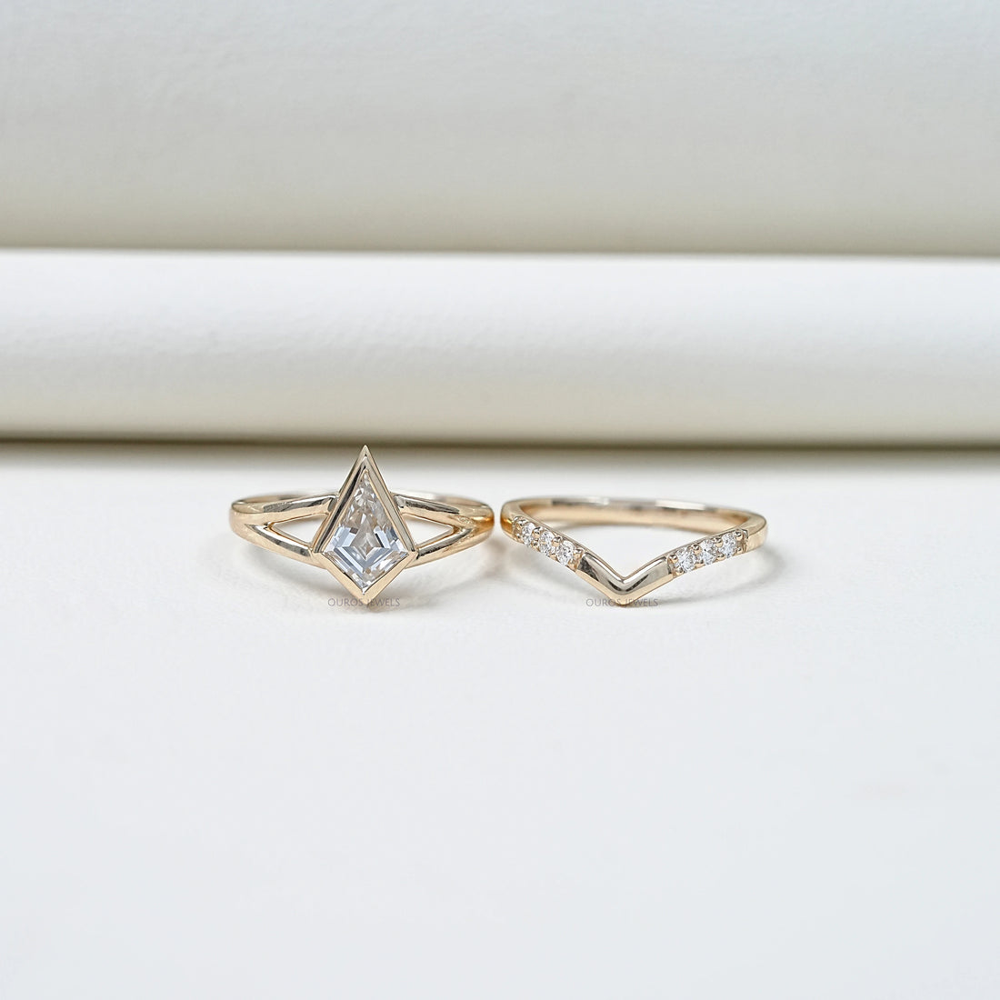 Kite Cut Lab Diamond Bezel Set Bridal Ring Set Rings