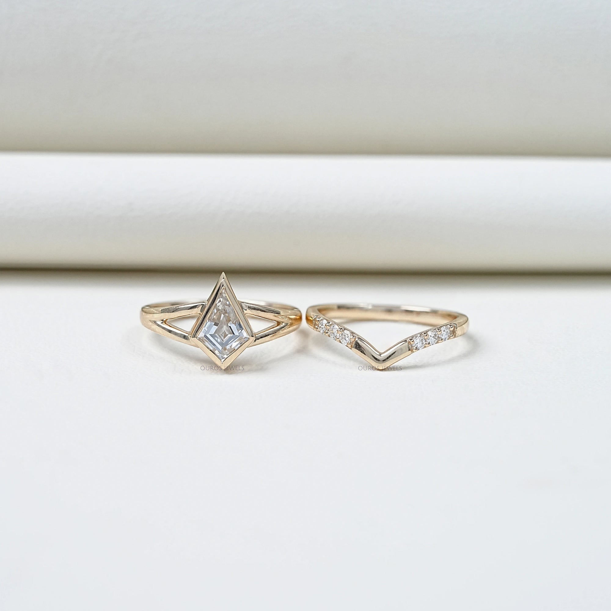 Kite Cut Lab Diamond Bezel Set Bridal Ring Set Rings