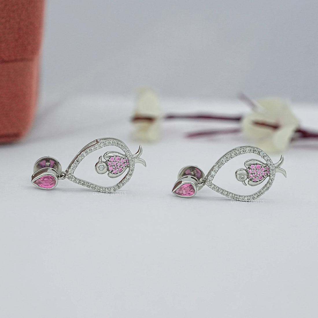 Bezel Set Pink Pear Cut Gemstone Dangle Bird Earrings Earrings