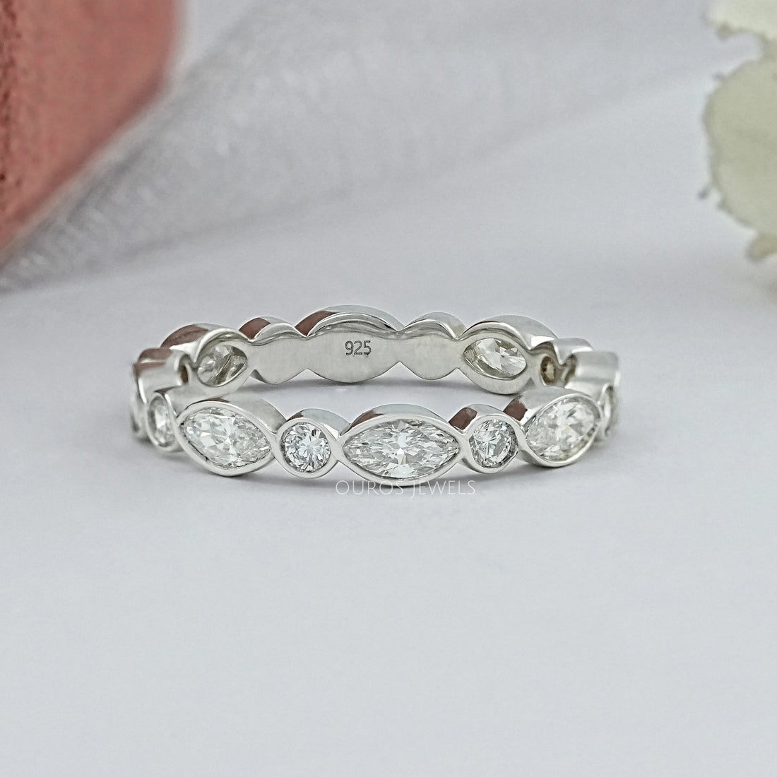 Marquise And Round Diamond Bezel Wedding Band Ring