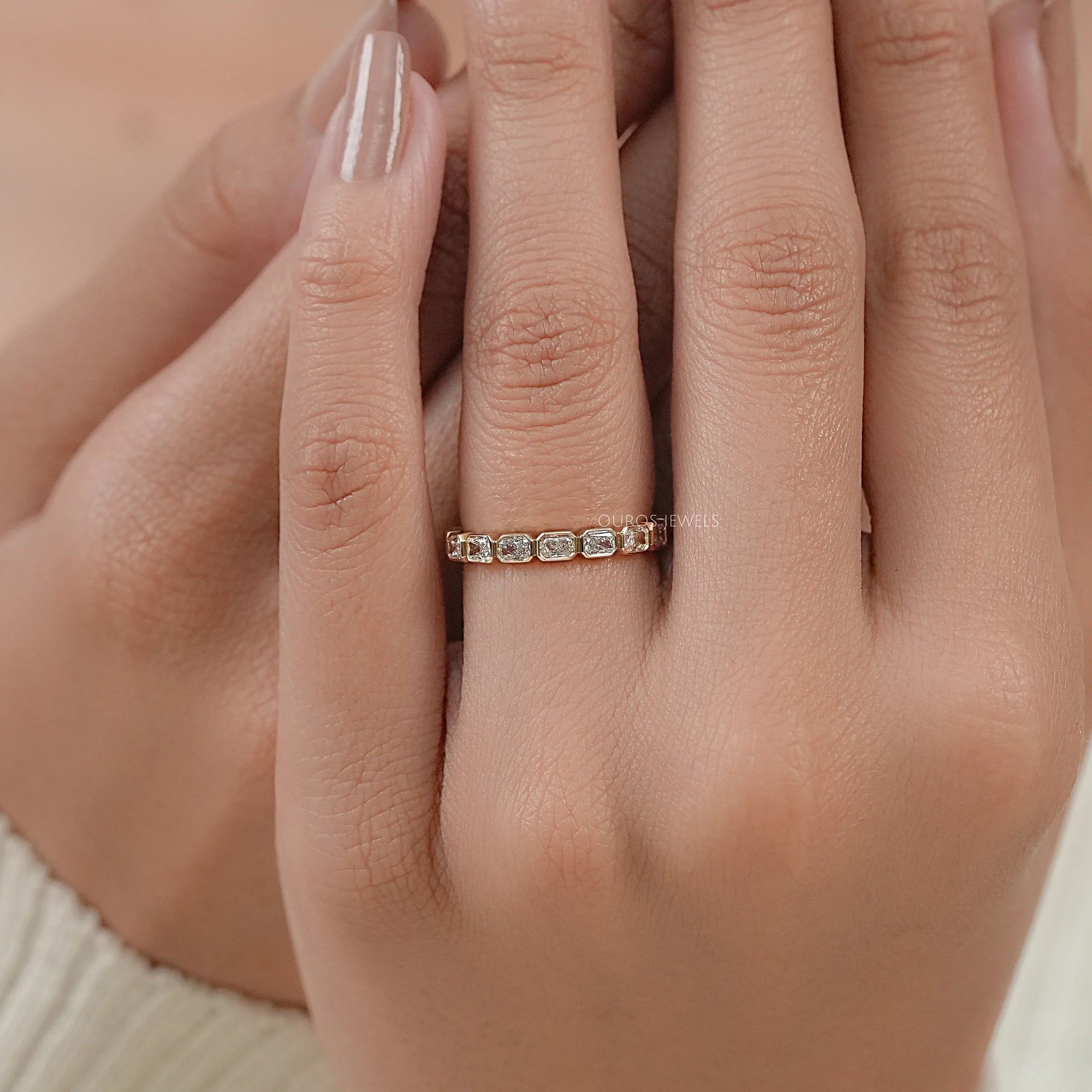 East West Radiant Diamond Bezel Wedding Band Ring