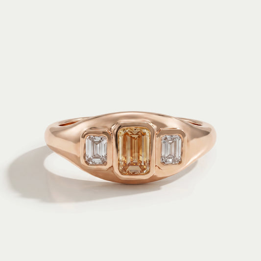Bezel Set Yellow Emerald Cut 3 Stone Diamond Ring