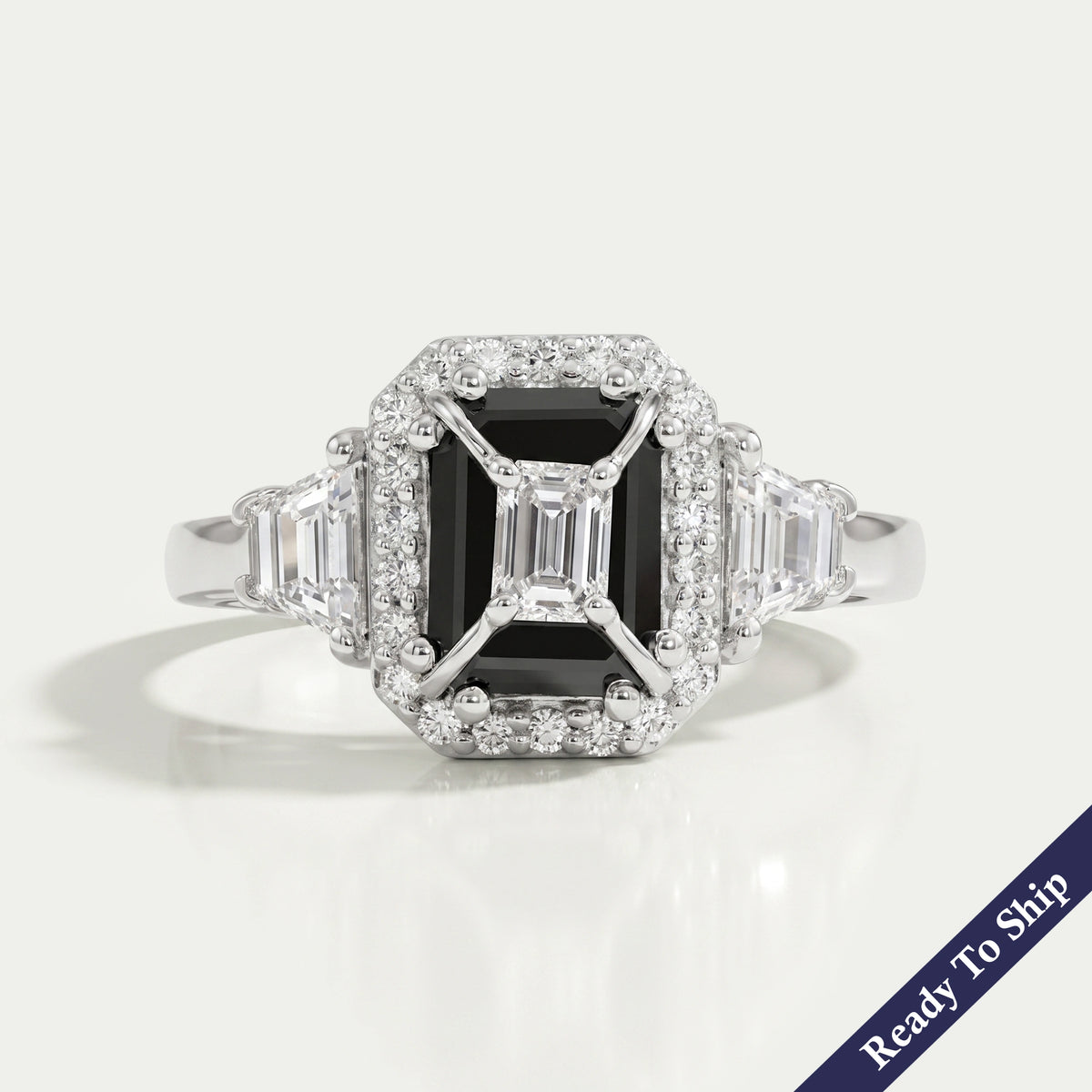 Black Emerald Diamond Three Stone Engagement Ring Rings