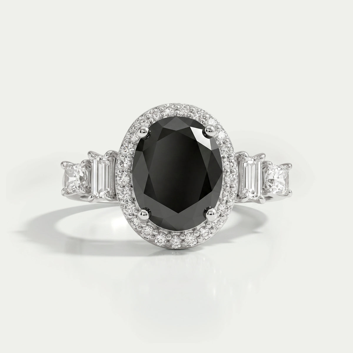 Black Oval Cut Halo With Accent Diamond Ring Rings