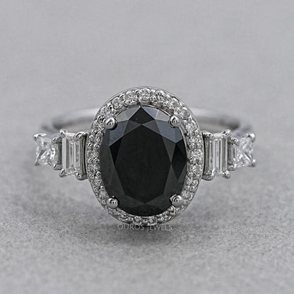 Black Oval Cut Halo With Accent Diamond Ring Rings