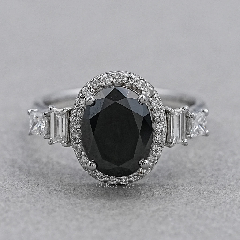 Black Oval Cut Halo With Accent Diamond Ring Rings