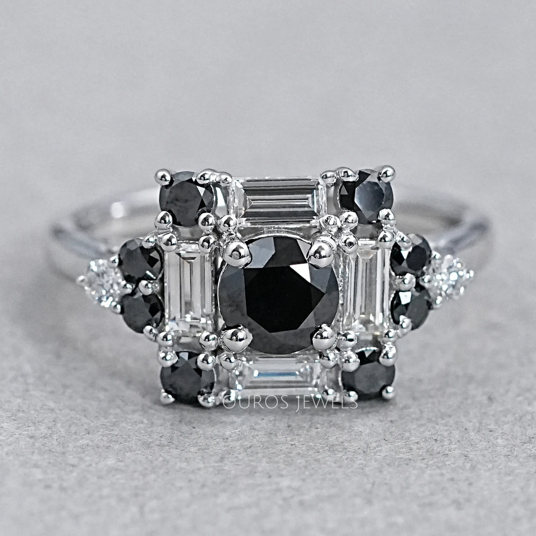Black Round Cut Halo Baguette Diamond Ring Rings