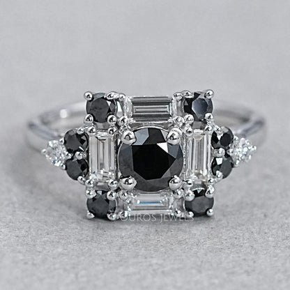 Black Round Cut Halo Baguette Diamond Ring Rings