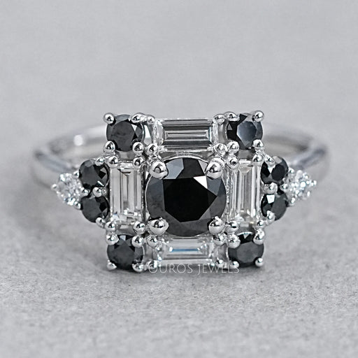 Black Round Cut Halo Baguette Diamond Ring Rings