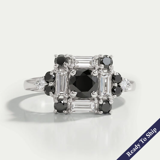 Black Round Diamond Halo Engagement Ring Rings