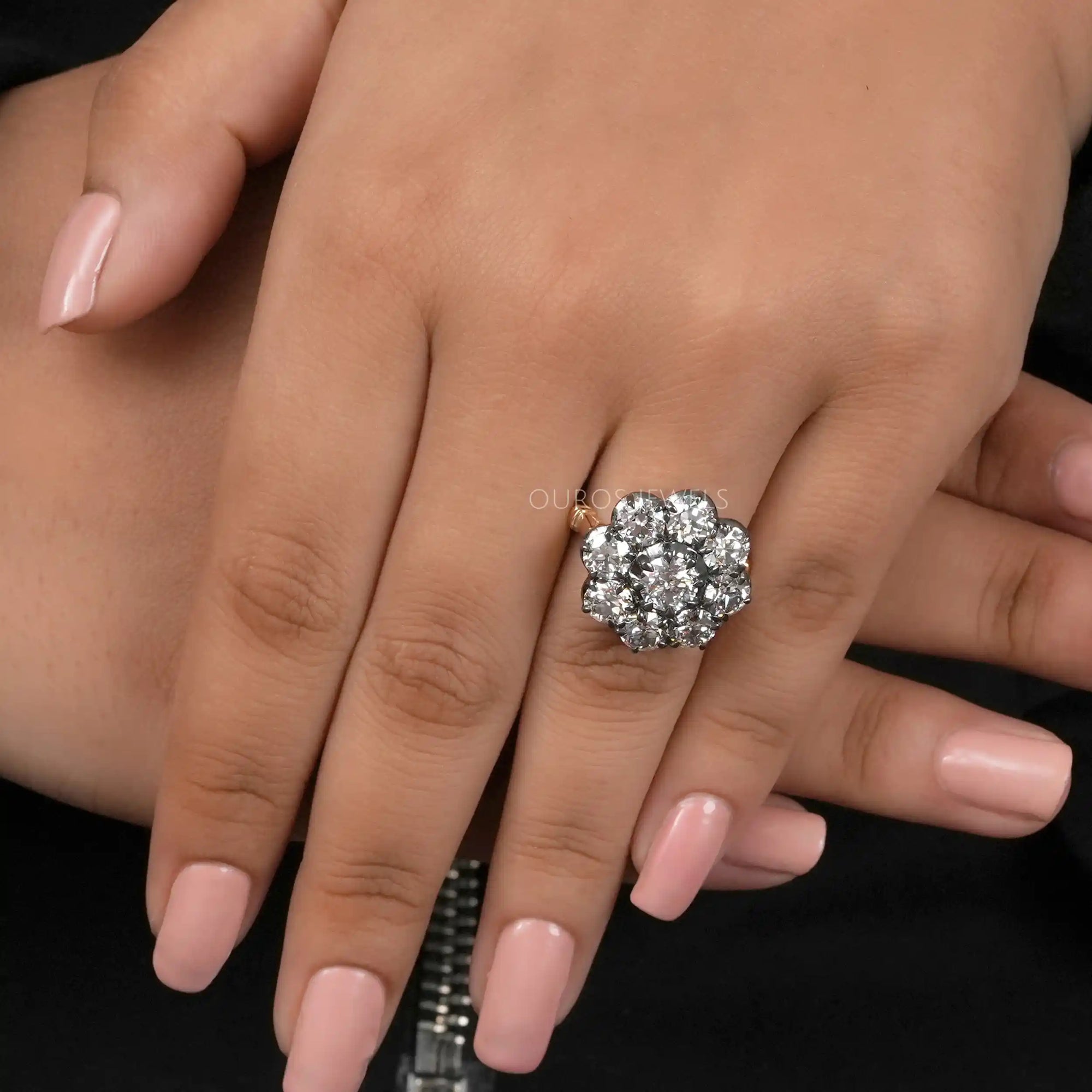 Old European Round Cut Black Coating Flower Engagement Ring Ring