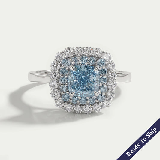 Blue Cushion Cut Lab Diamond Double Halo Ring Ring