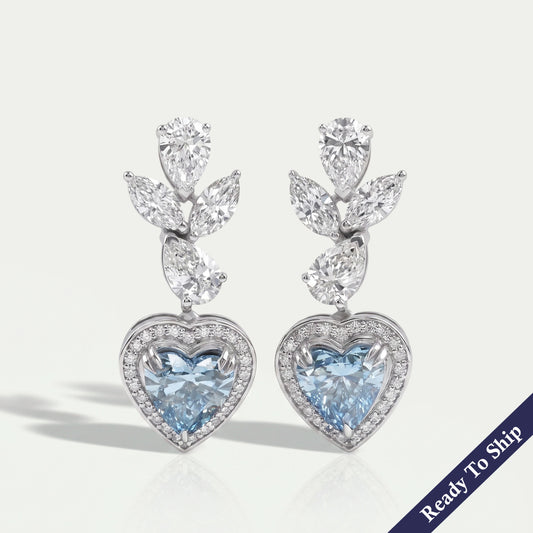 Blue Heart Lab Diamond Halo Drop Earrings Earrings