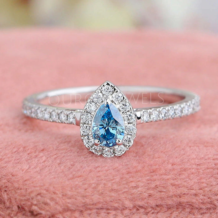 Blue Pear Cut Halo Diamond Engagement Ring Rings