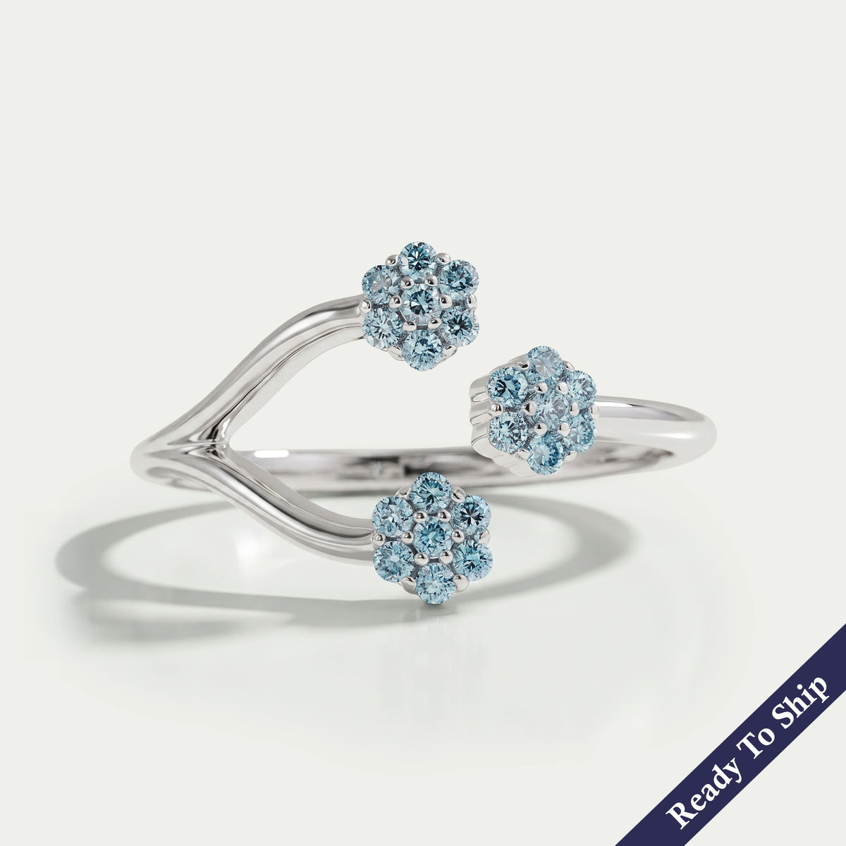 Blue Round Cut Lab Grown Diamond Open Cuff Dainty Ring