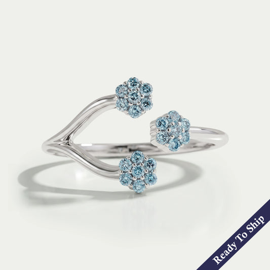 Blue Round Cut Lab Grown Diamond Open Cuff Dainty Ring