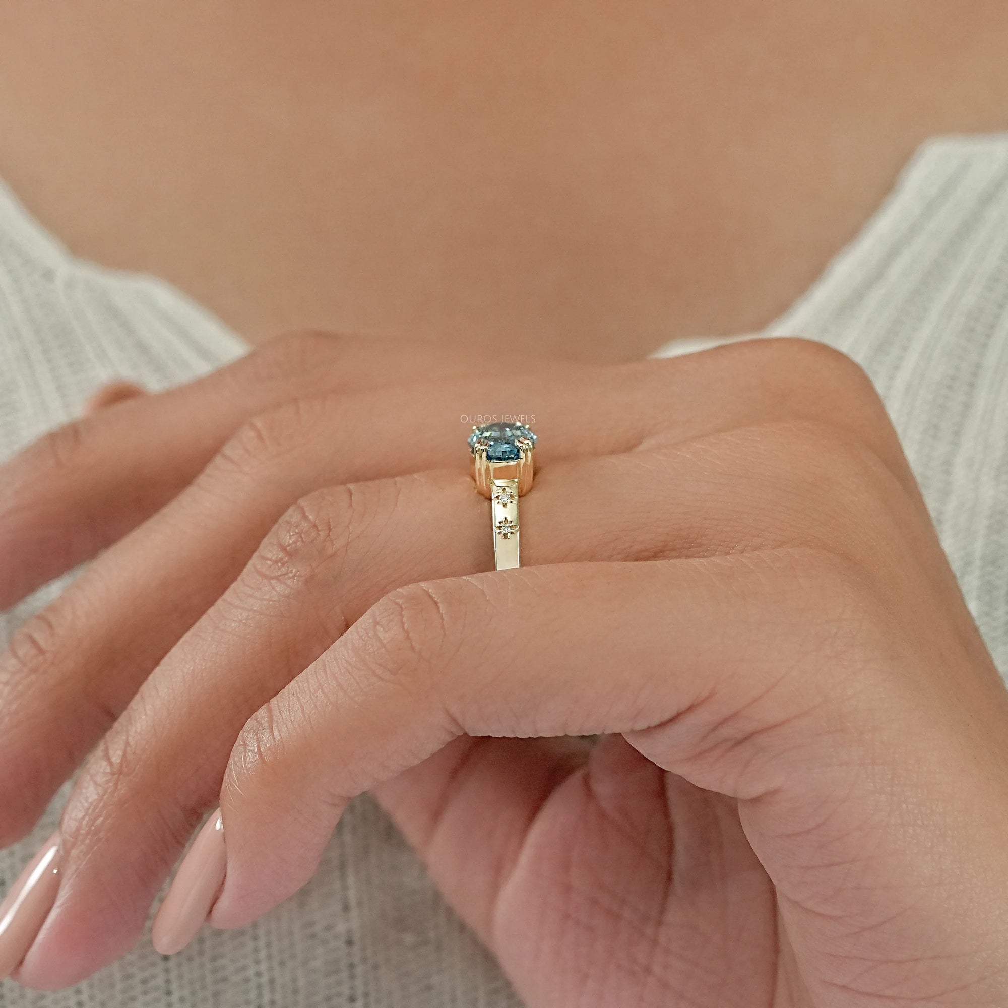 East-West Blue Step Cut Oval Accent Diamond Ring Rings