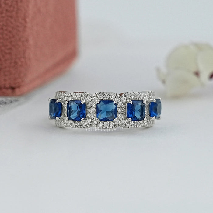 Five Stone Blue Asscher Cut Gemstone Halo Diamond Ring Rings