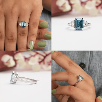 Blue Emerald Three Stone With Half Moon Cut Ring Ring