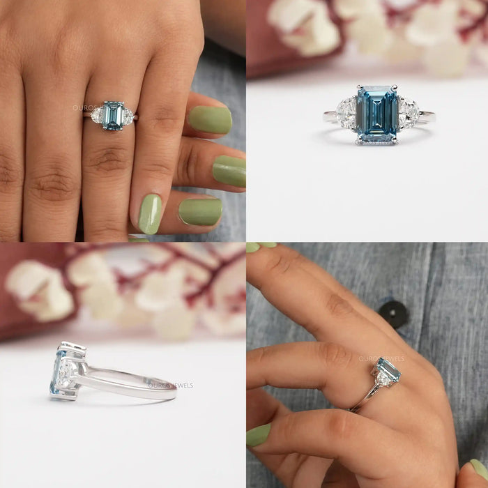 Blue Emerald Three Stone With Half Moon Cut Ring Ring