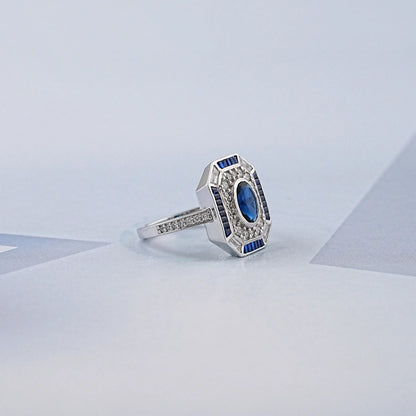 Blue Oval And Baguette Cut GemStone Engagement Ring